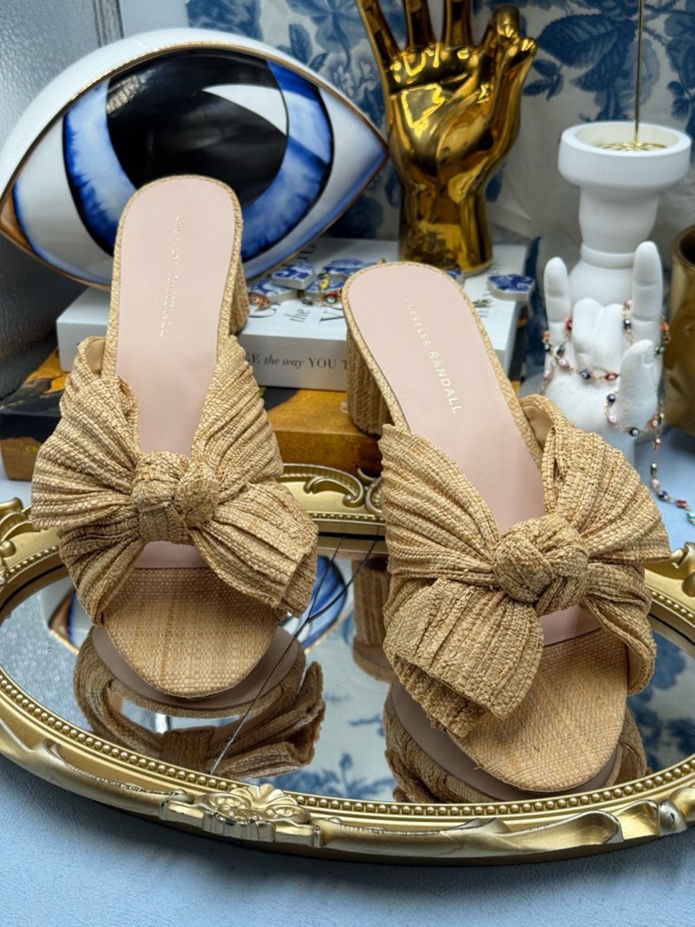 Loeffler Randall Tan Bow Knot Raffia Block Heel Mules - Picture 5 of 16